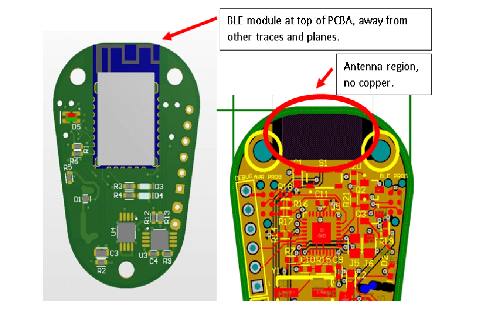 An example of a good vs. bad Bluetooth PCB layout